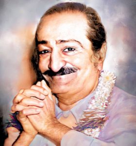 Meher Baba smiling holding both hands